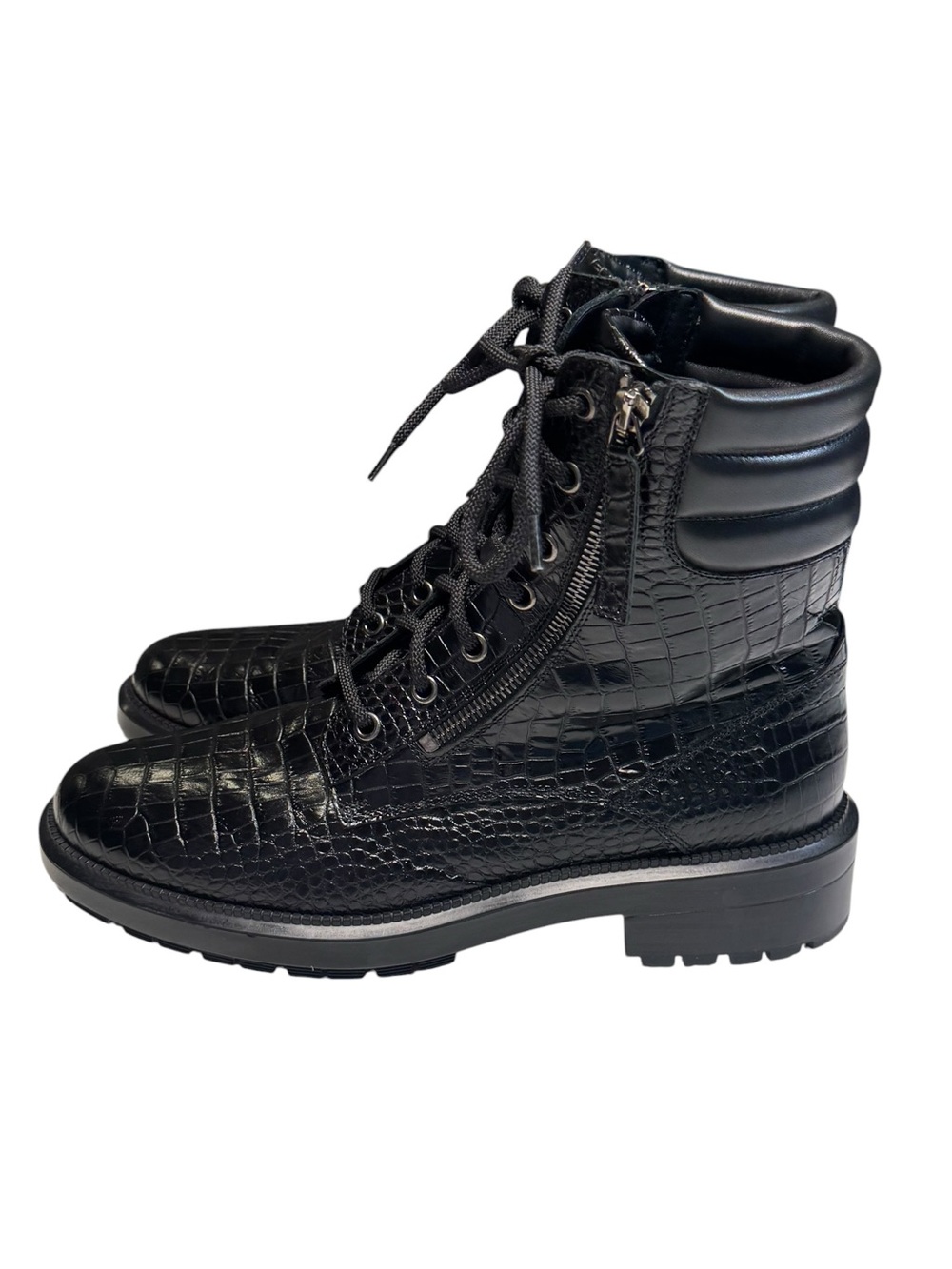 Aquatalia Black Croc Embossed Leather Combat Lace-Up Zip Ankle Boot US Women's 9 - Picture 5 of 12